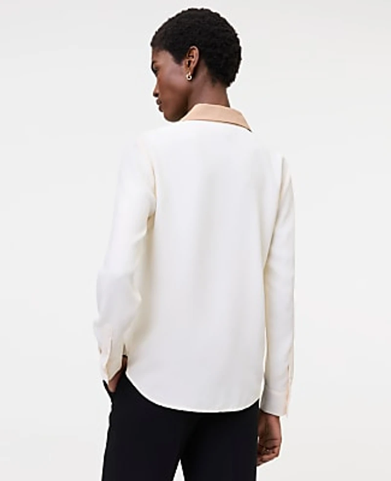 Ann Taylor Contrast Trim Satin Modern Shirt Creamy White Women's
