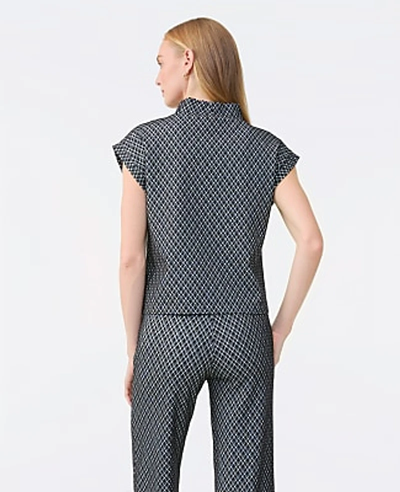Ann Taylor Plaid Ponte Mock Neck Top Black Women's