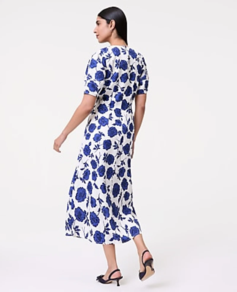 Ann Taylor Floral Linen Blend Midi Dress Size 0 Electric Periwinkle Women's