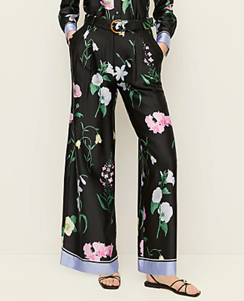 Ann Taylor The Floral Pleated Wide-Leg Pant Satin Black Women's