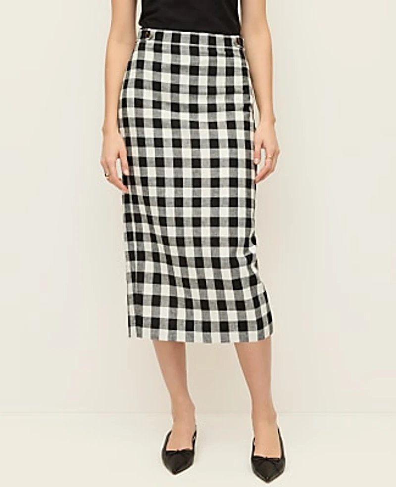 Ann Taylor The Button Midi Skirt Gingham Linen Blend Black - Ww Women's