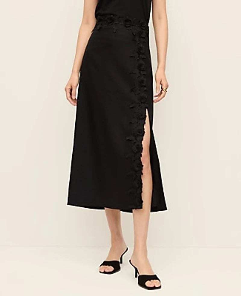 Ann Taylor Lace Trim Linen Blend Midi Skirt Black Women's