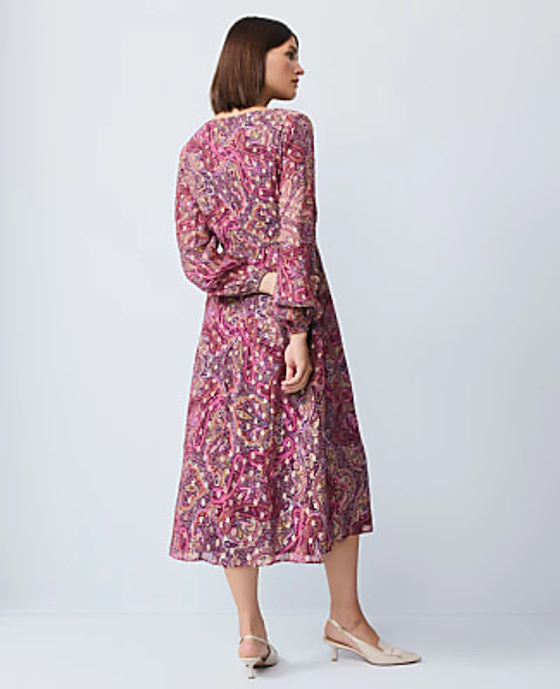 Ann Taylor Draped Paisley Midi Dress Poised Plum Women's