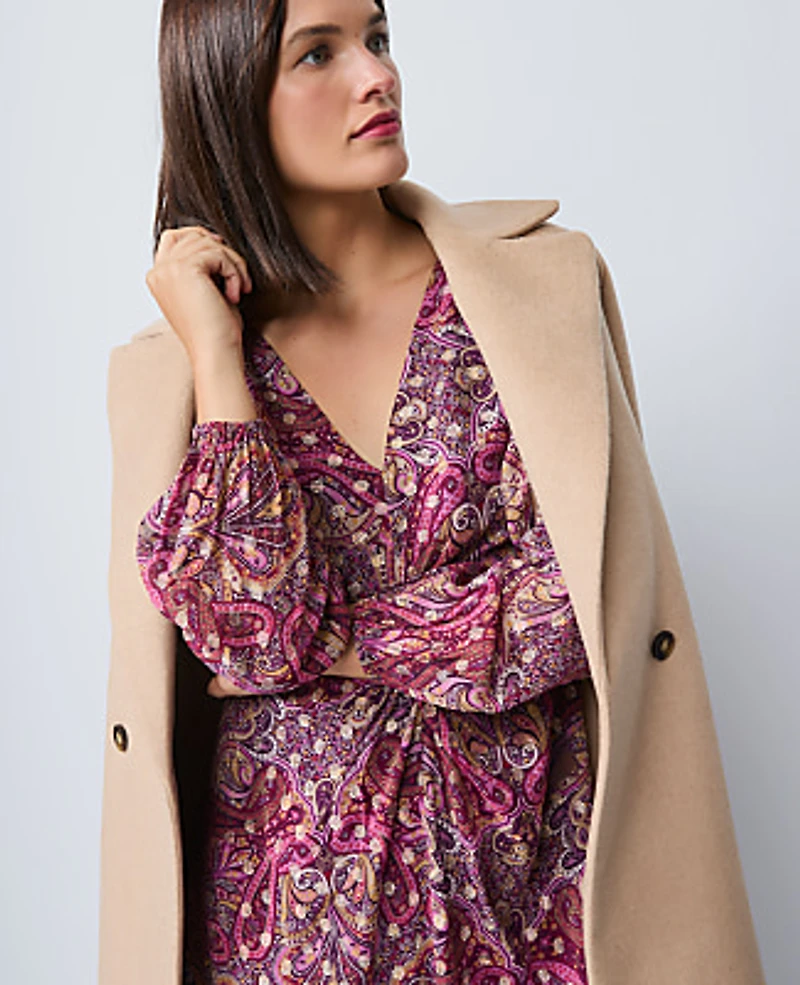 Ann Taylor Draped Paisley Midi Dress Poised Plum Women's
