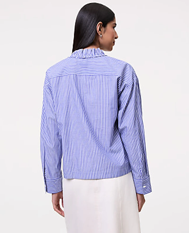 Ann Taylor Striped Ruffle Shirt Blue White Stripe Women's