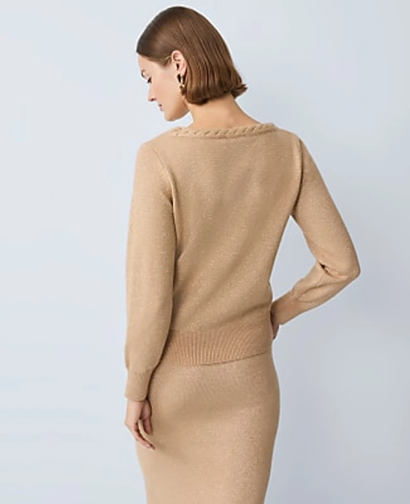 Ann Taylor Petite Metallic Braided Scoop Neck Sweater Cafe Au Lait Women's