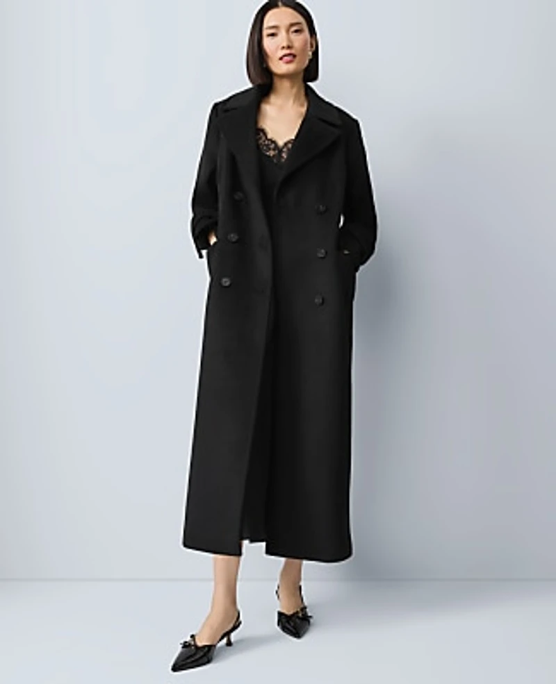 Ann Taylor Petite Fitted Double Breasted Long Coat Black Women's
