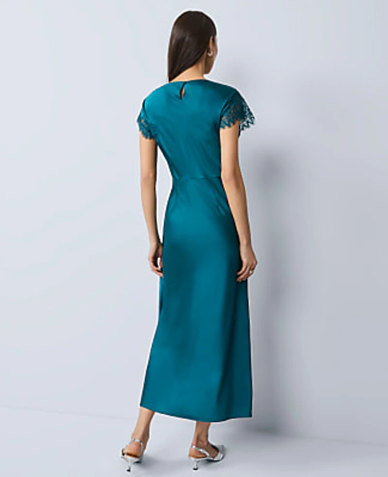 Ann Taylor Petite Lace Trim Satin Midi Dress Size 00 Pacific Shore Women's
