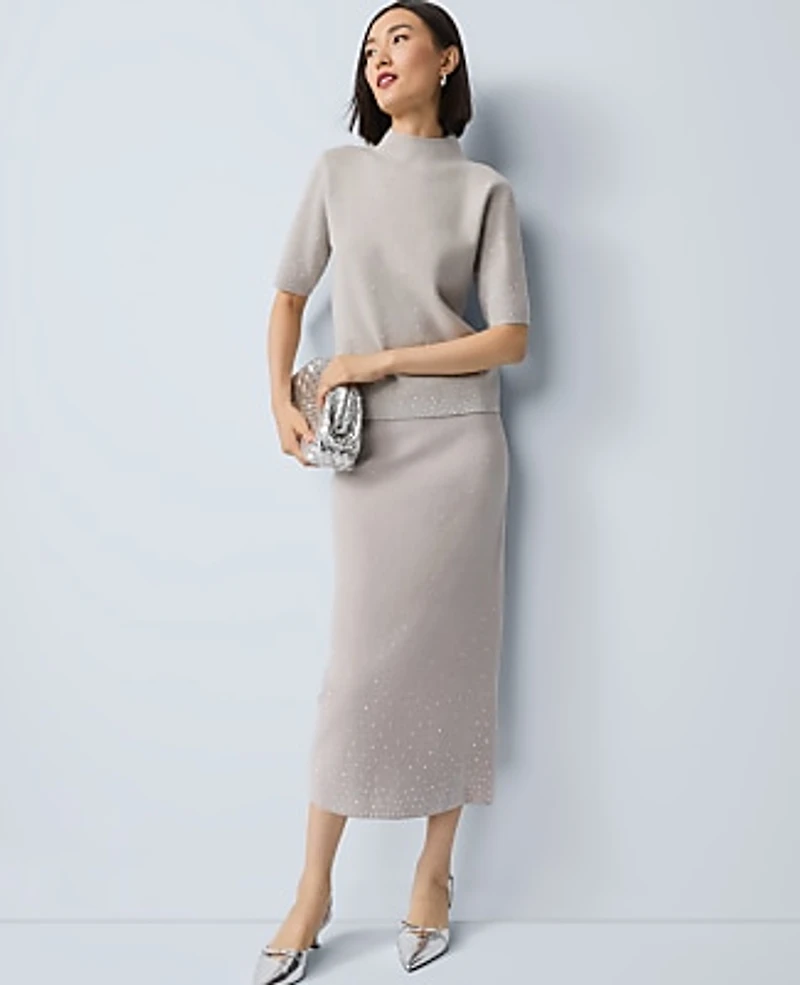 Ann Taylor Petite Embellished Sweater Skirt Medium Light Heather Grey Women's