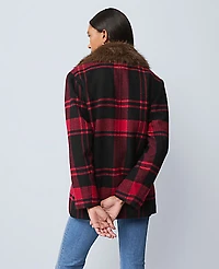 Ann Taylor Petite Weekend Plaid Faux Fur Trimmed Peacoat Black Women's