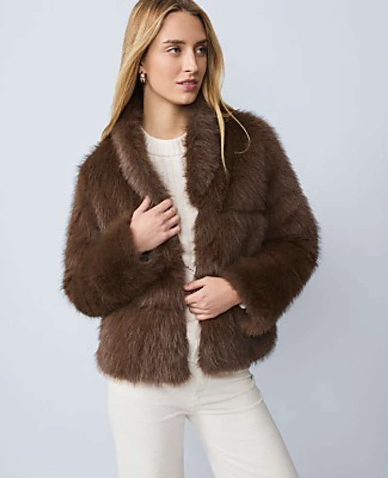 Ann Taylor Petite Weekend Faux Fur Short Jacket Size Medium Dark Brown Fur Women's
