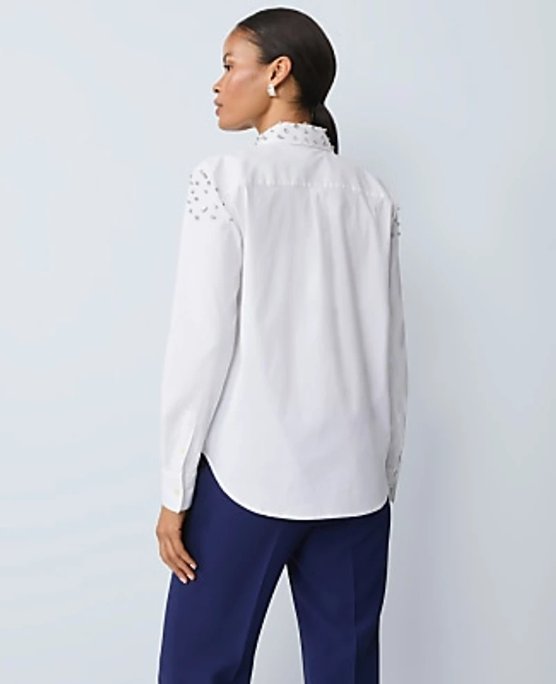 Ann Taylor Petite Embellished Relaxed Perfect Shirt Size XS White Women's