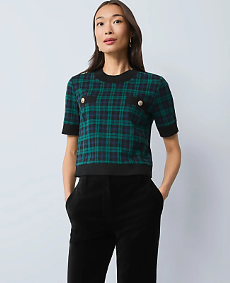 Ann Taylor Plaid Sweater Trim Top Pure Sapphire Women's