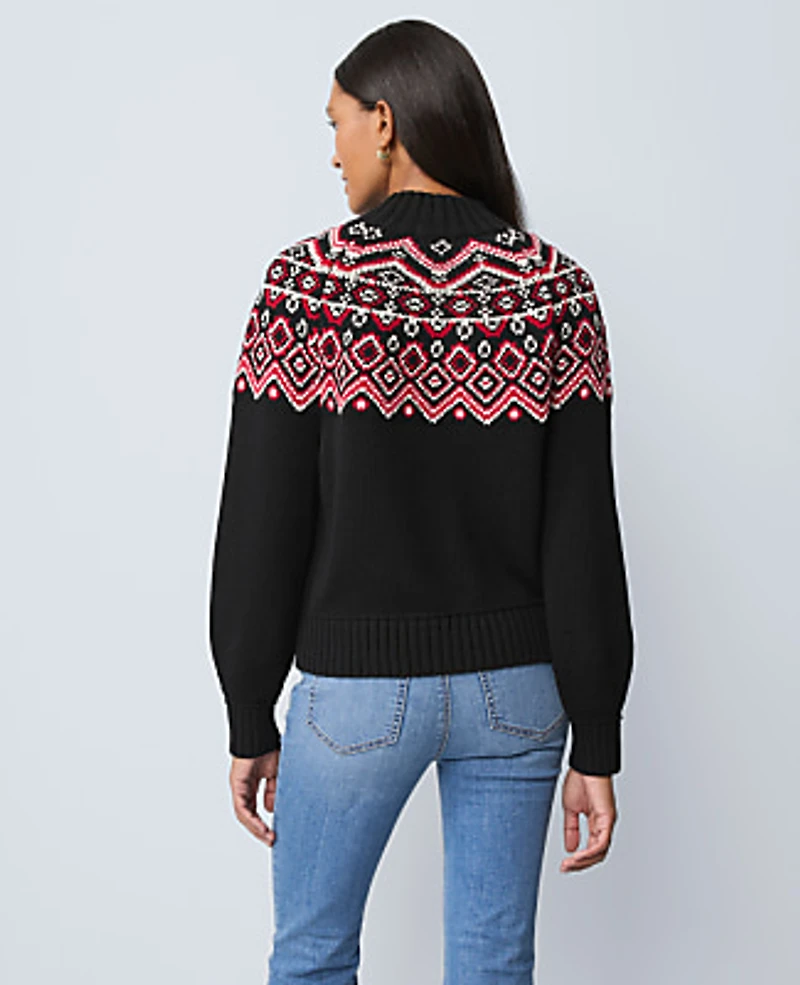 Ann Taylor Petite Weekend Fair Isle Mock Neck Sweater Black Women's