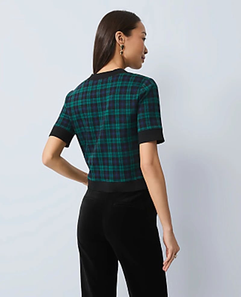 Ann Taylor Petite Plaid Sweater Trim Top Pure Sapphire Women's
