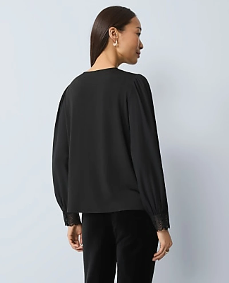 Ann Taylor Petite Lace Trim Mixed Media Blouse Size 2XS Black Women's