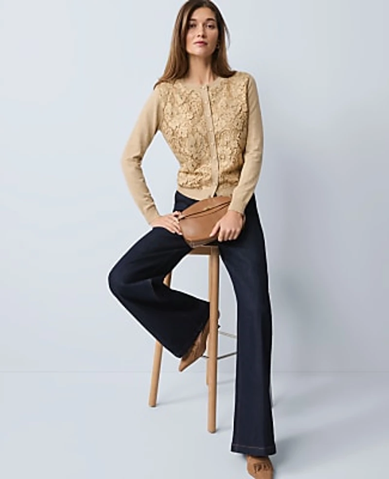 Ann Taylor Petite Lace Cardigan Camel Melange Women's