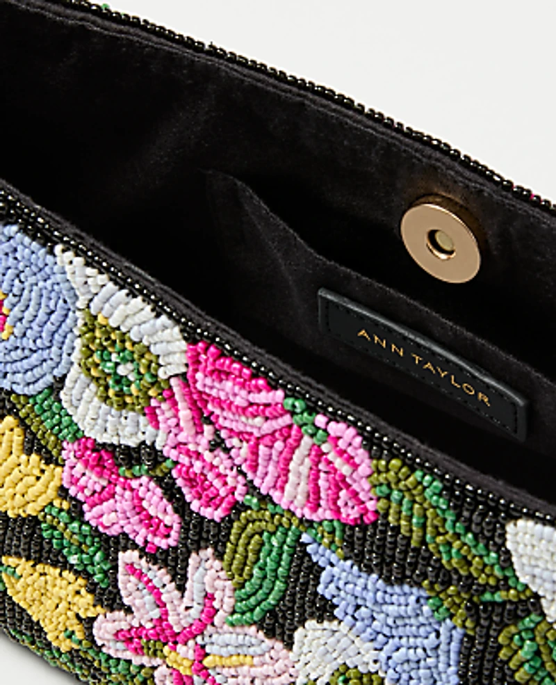 Ann Taylor Beaded Floral Clutch Handbag Black Women's