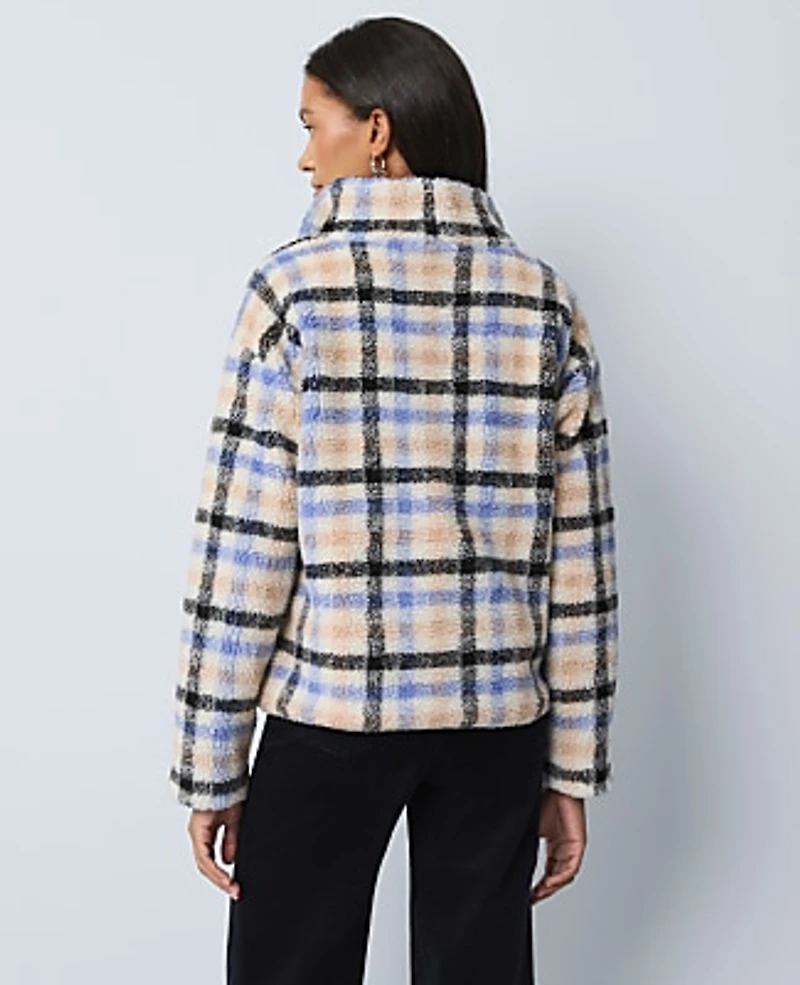Ann Taylor Weekend Plaid Sherpa Pullover Peaceful Periwinkle Women's