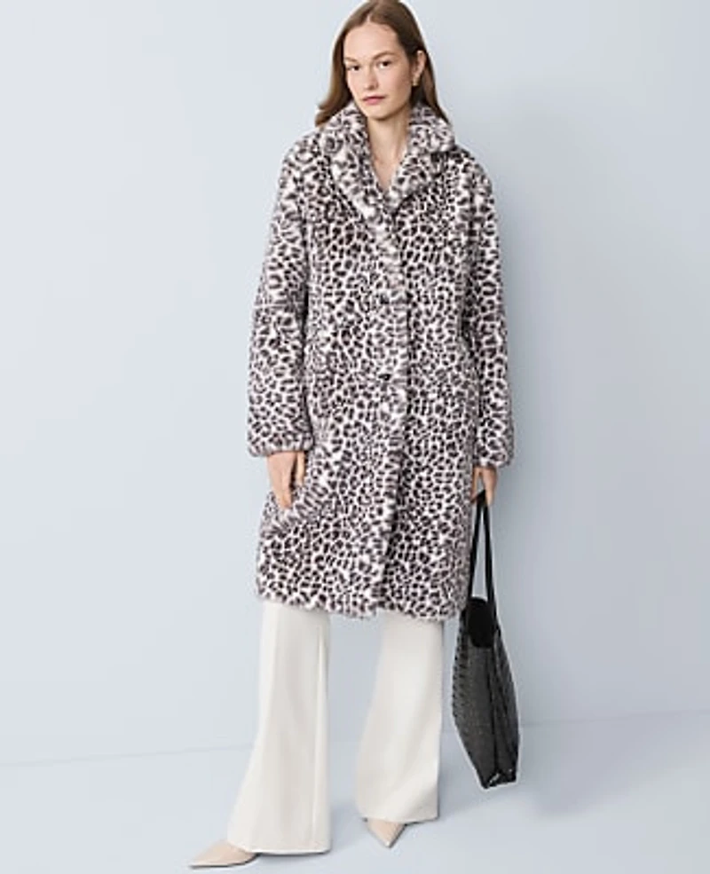 Ann Taylor Petite Animal Print Faux Fur Coat Chrome Women's