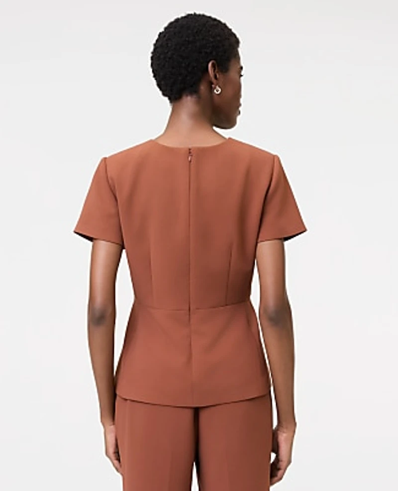Ann Taylor The Petite Crew Neck Peplum Top Textured Crepe Tortoise Shell Brown Women's