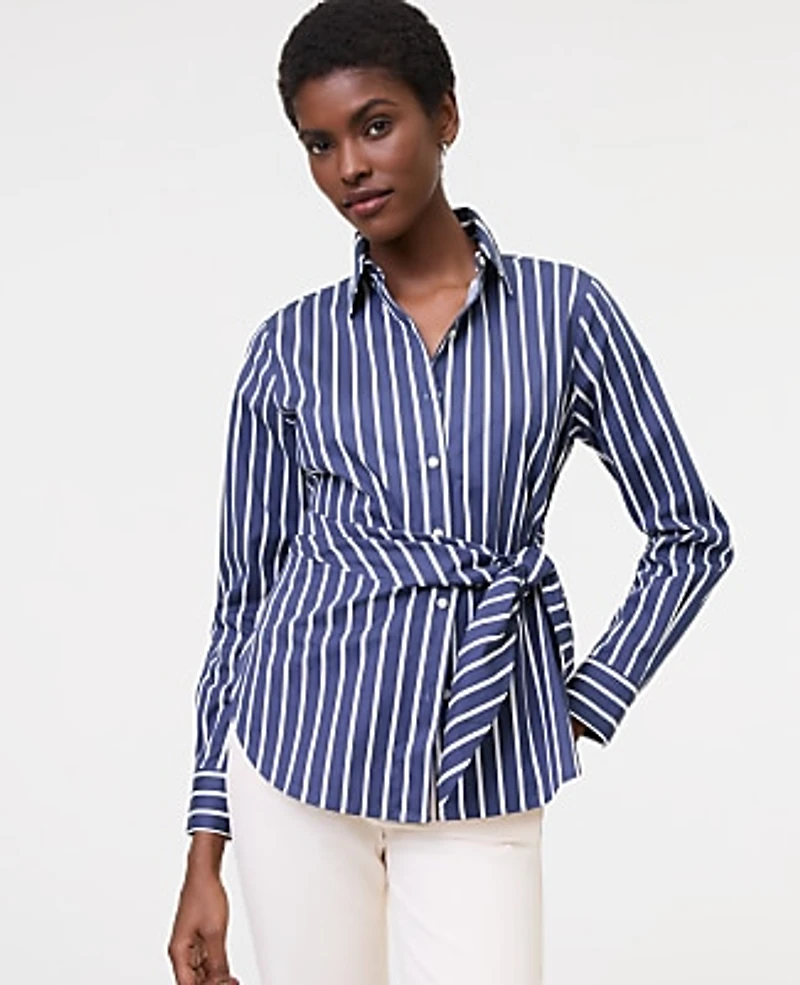 Ann Taylor Petite Striped Tie Waist Button Down Shirt Subdued Navy Women's