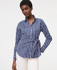 Ann Taylor Petite Striped Tie Waist Button Down Shirt Subdued Navy Women's