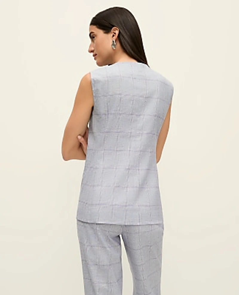 Ann Taylor The Long Crew Neck Vest Plaid Blue/White Combo Women's