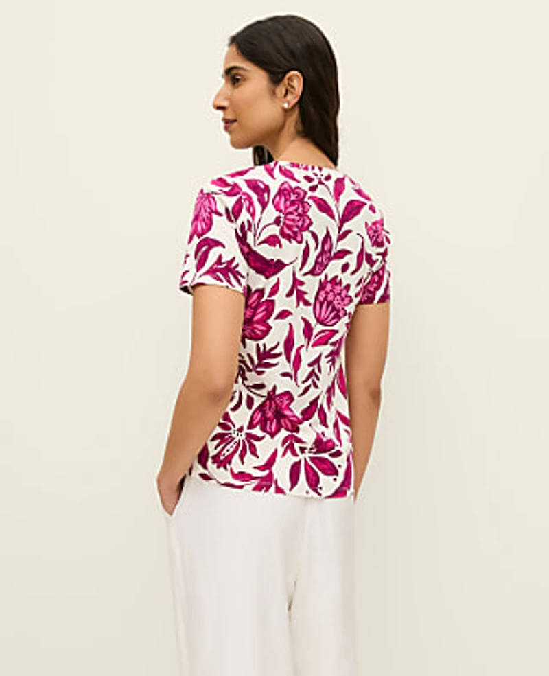 Ann Taylor Floral Crew Neck T-Shirt Pink Women's