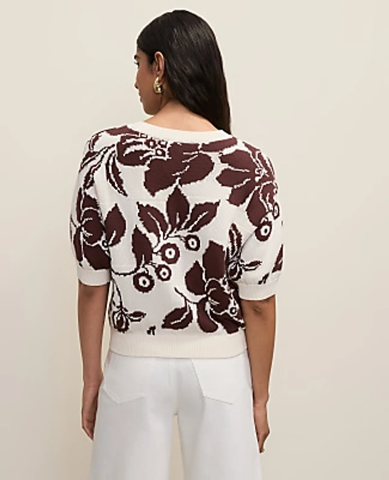 Ann Taylor Floral Jacquard Sweater T-Shirt Rich Walnut Women's