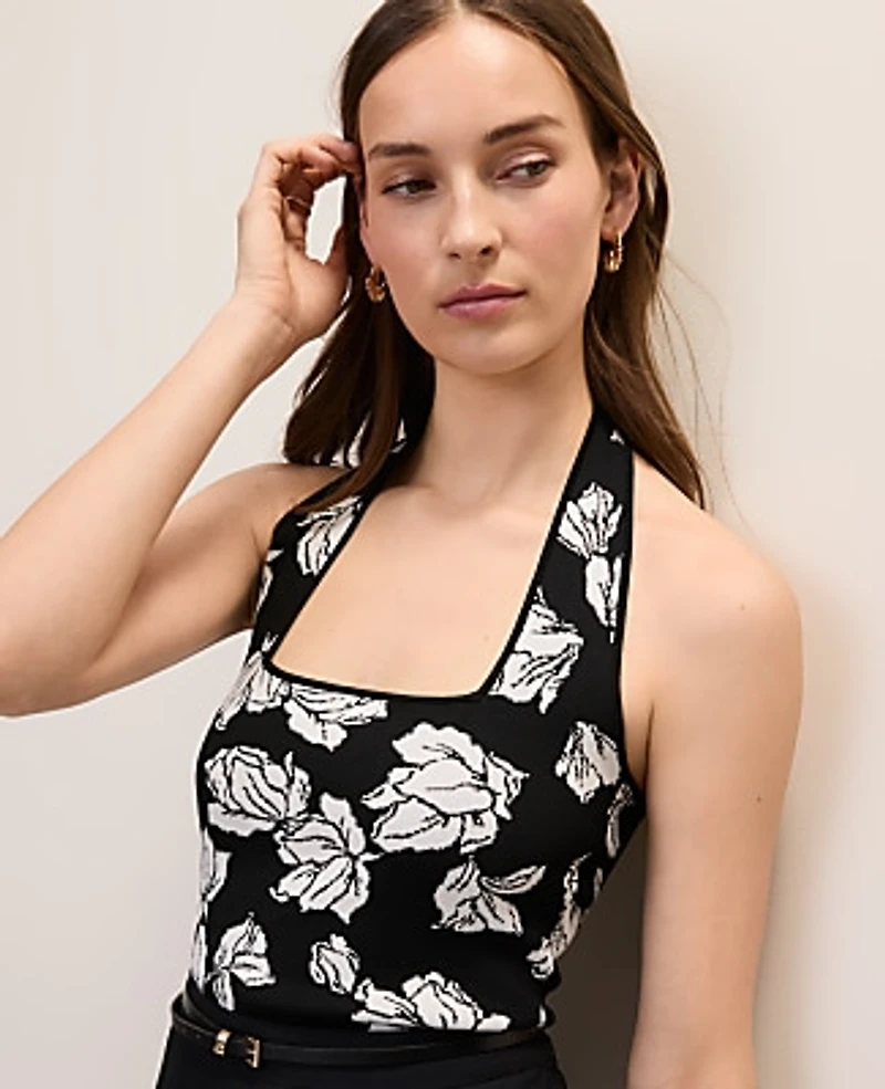Ann Taylor Floral Jacquard Halter Sweater Top Ww-Black Women's