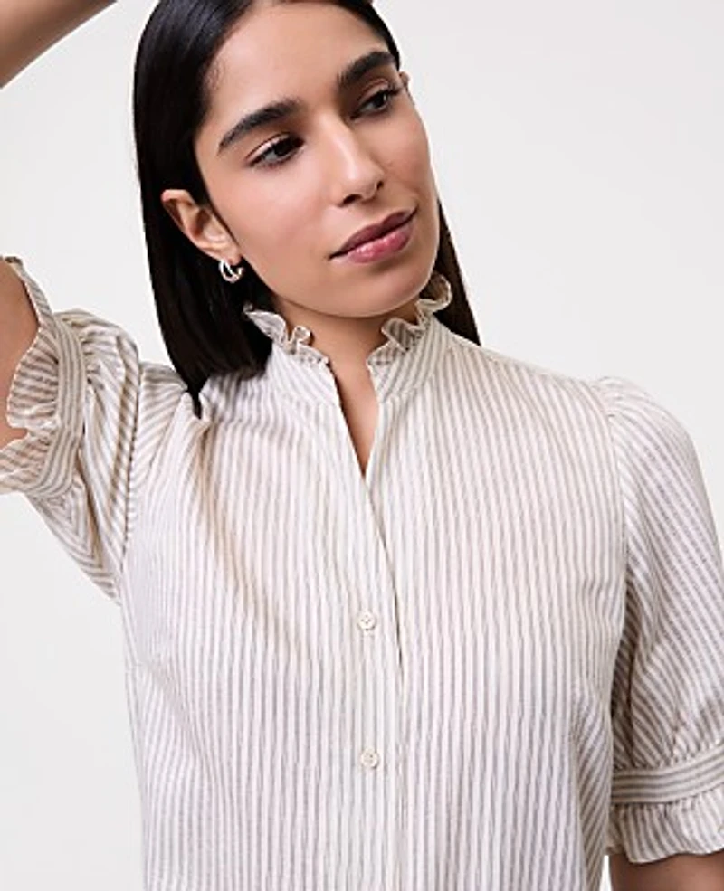 Ann Taylor Petite Striped Ruffle Collar Shirt Size Small Ivory Women's