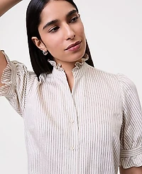Ann Taylor Petite Striped Ruffle Collar Shirt Size Small Ivory Women's