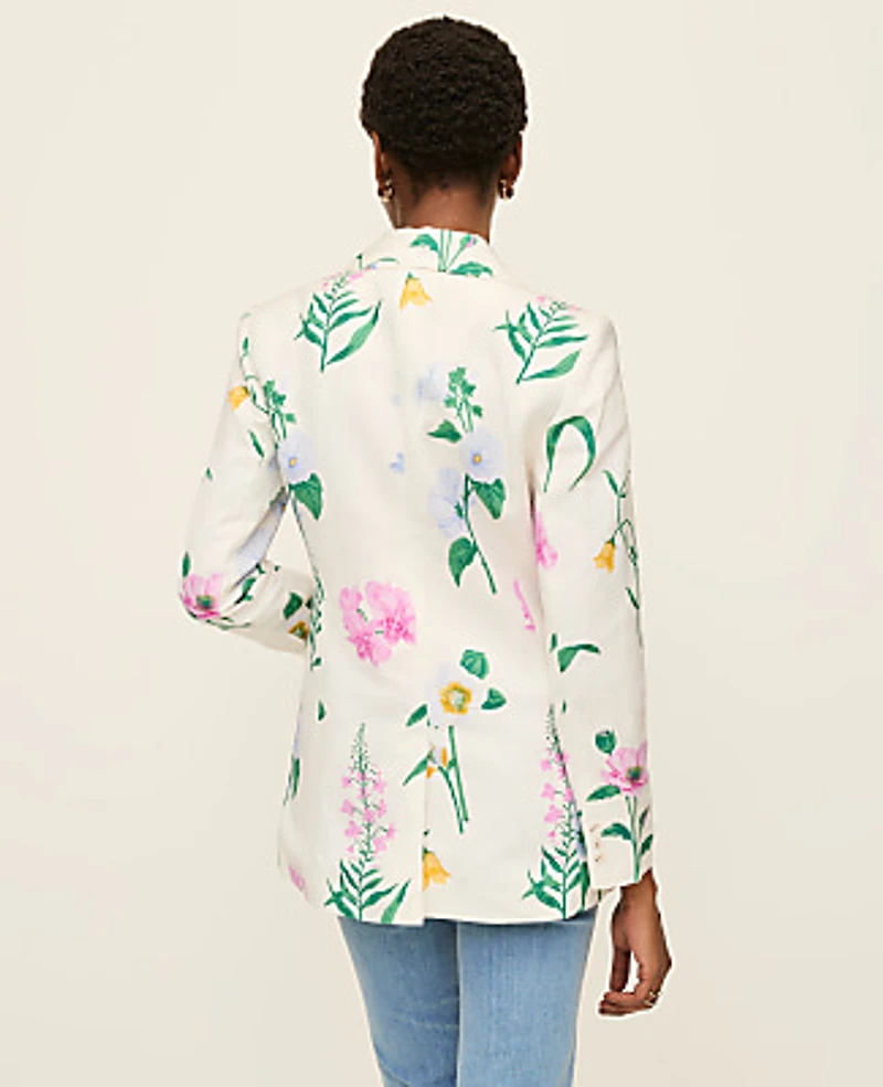 Ann Taylor The Long Single Button Blazer Floral Linen Blend Winter White Women's