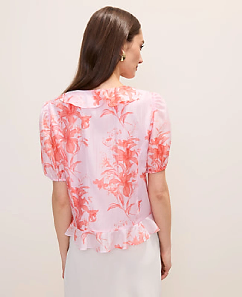 Ann Taylor Floral Ruffle Trim Blouse Aperol Women's