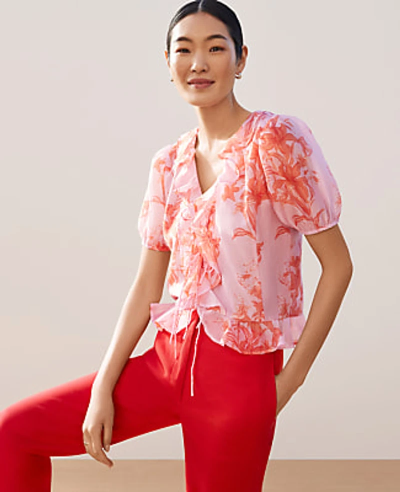 Ann Taylor Floral Ruffle Trim Blouse Aperol Women's