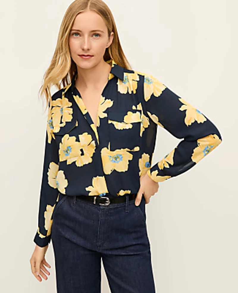 Ann Taylor Floral Camp Shirt Size XL Night Sky Women's
