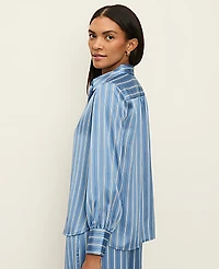 Ann Taylor Petite Striped Satin Collared Shirt Size 2XS Muted Sky Women's