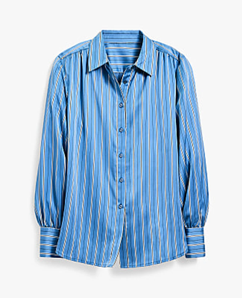 Ann Taylor Petite Striped Satin Collared Shirt Size 2XS Muted Sky Women's