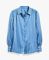 Ann Taylor Petite Striped Satin Collared Shirt Size 2XS Muted Sky Women's