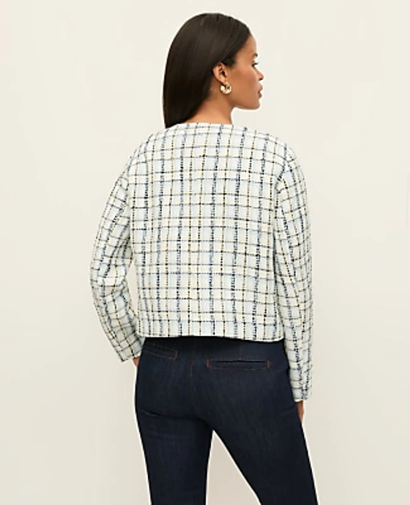 Ann Taylor The Petite Crew Neck Jacket Plaid Cashmere Blue Women's