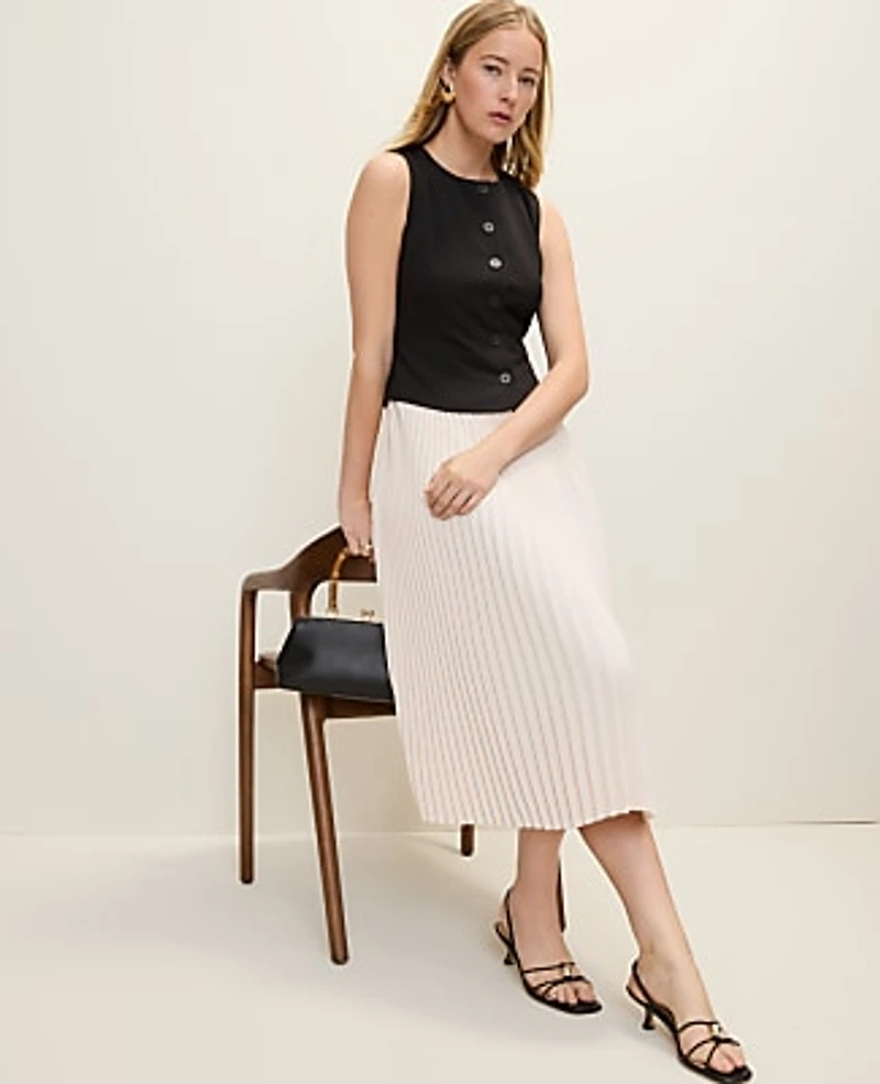 Ann Taylor Pleated Crew Neck Midi Dress Black Women's