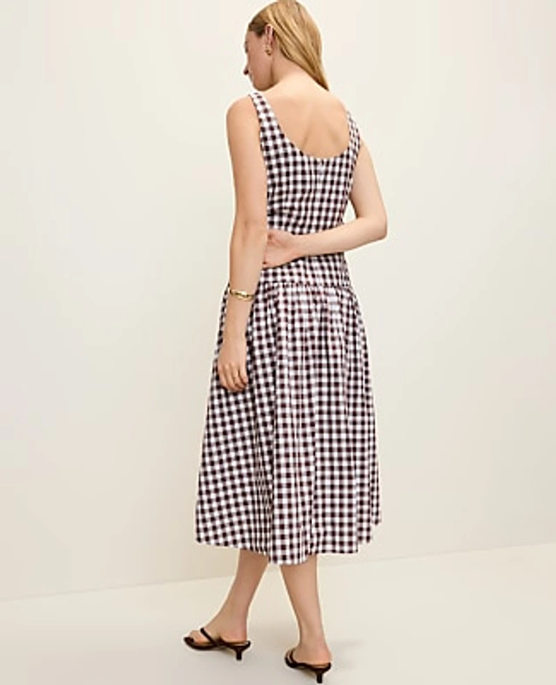Ann Taylor Flare Midi Dress Gingham Rich Walnut Women's