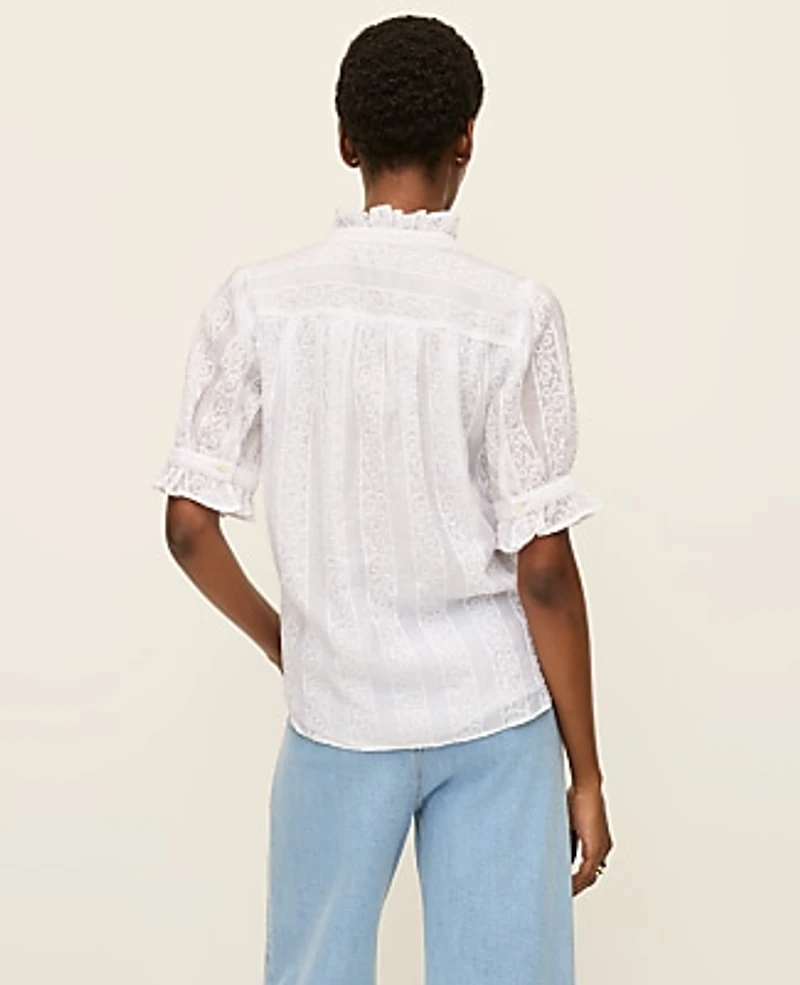 Ann Taylor Petite Eyelet Ruffle Collar Shirt Size Large White Women's