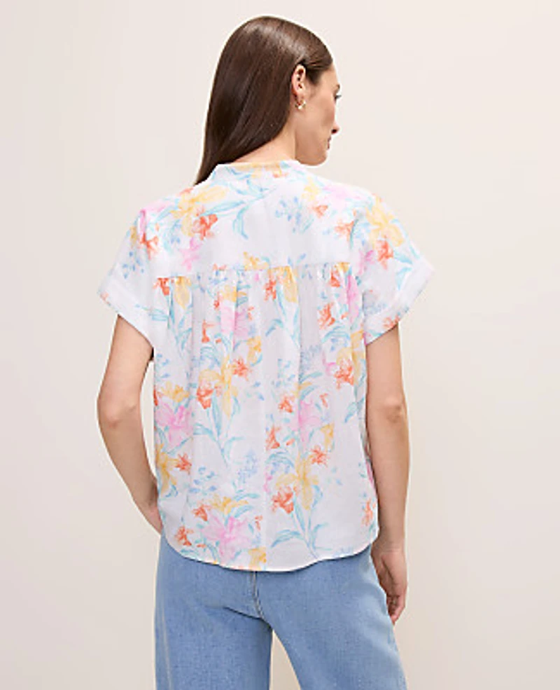 Ann Taylor Floral Linen Blend Split Neck Blouse Women's