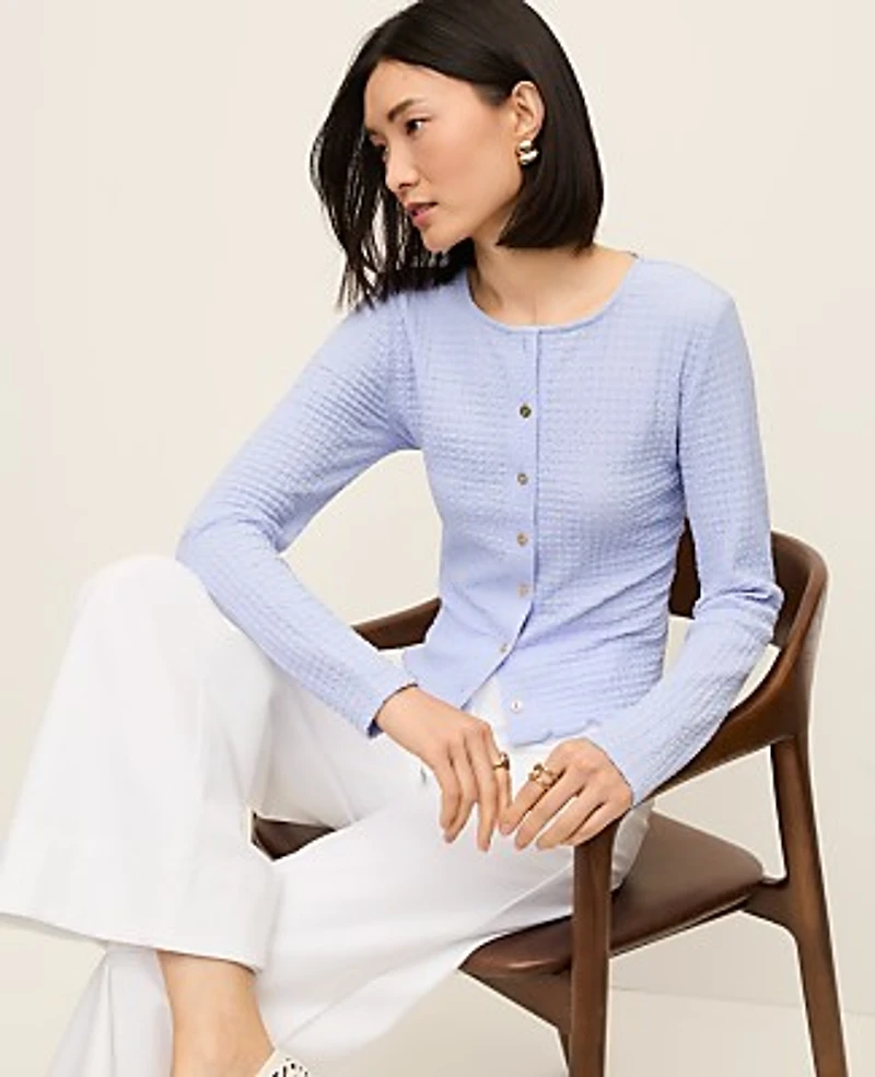 Ann Taylor Petite Lettuce Trim Button Top Size Small Blue Hydrangea Women's