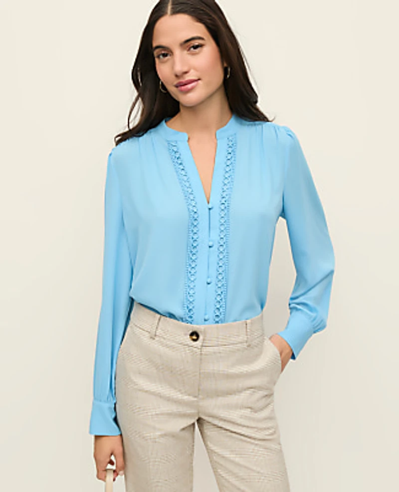 Ann Taylor Petite Lace Trim Blouse Sky Gazing Women's