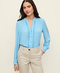 Ann Taylor Petite Lace Trim Blouse Sky Gazing Women's