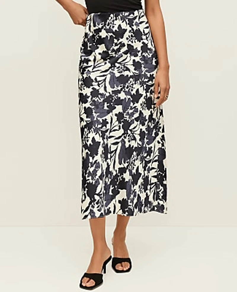Ann Taylor Petite Floral Satin Midi Slip Skirt Size Large Night Sky Women's