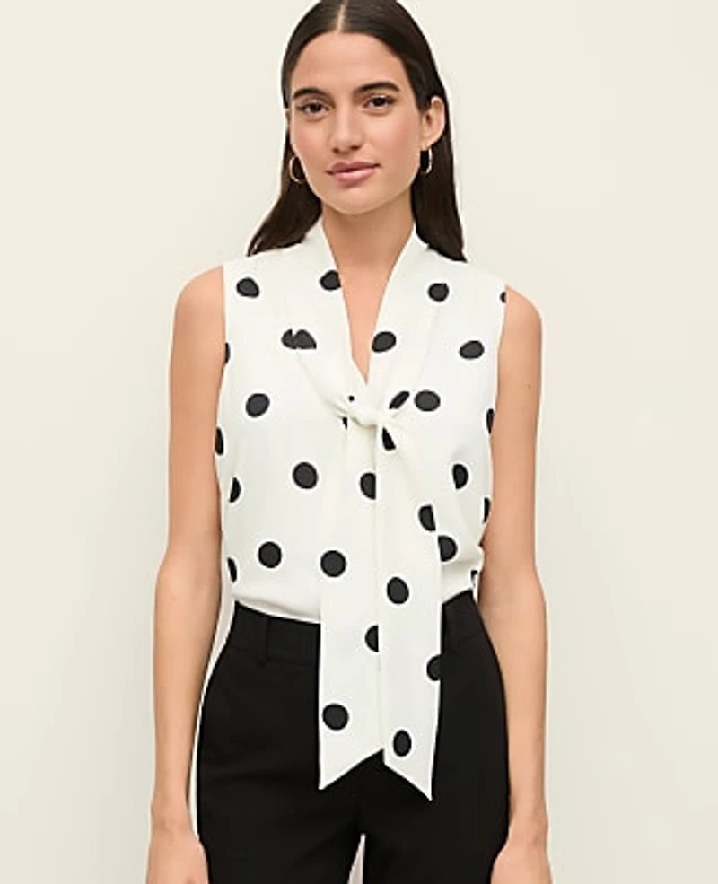 Ann Taylor Petite Dotted Bow Neck Shell Top Winter White Women's